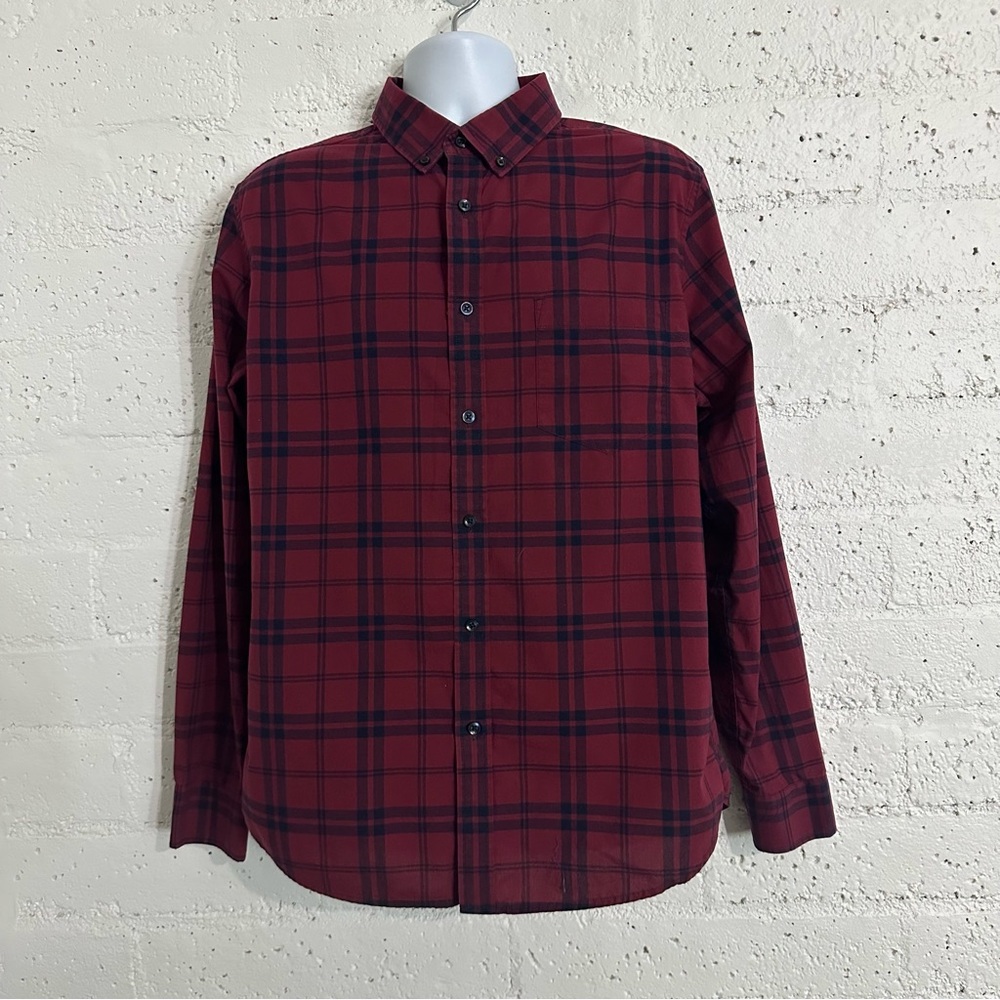 Goodfellow & Co Mens Button Down Shirt L Red Blue Plaid Slim Long Sleeve AQ20